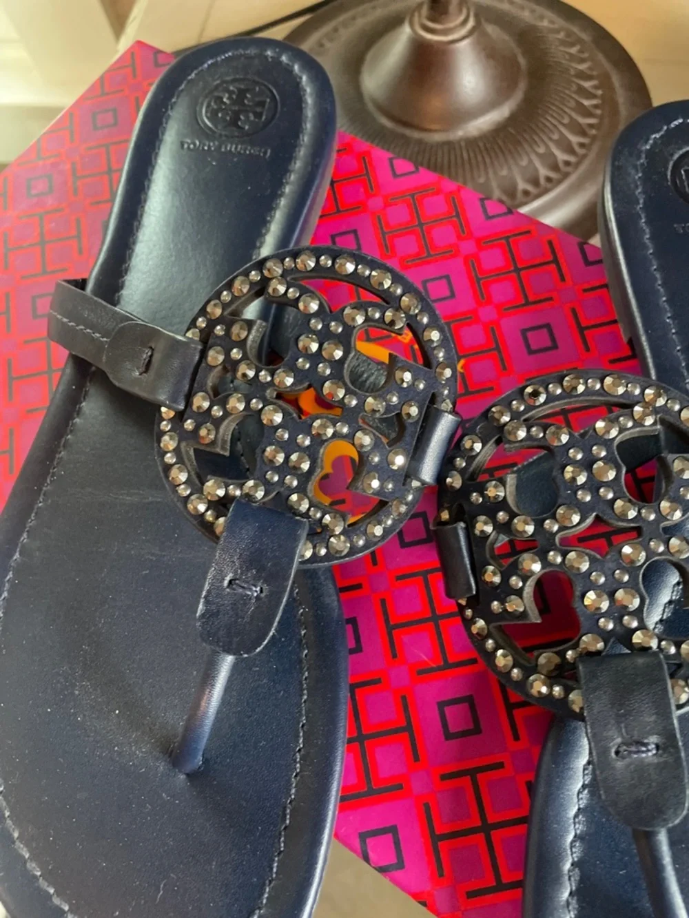 Tory Burch Navy Miller Embellished Leather Sandals Crystals Jeweled 10 Shoes - Picture 3 of 7